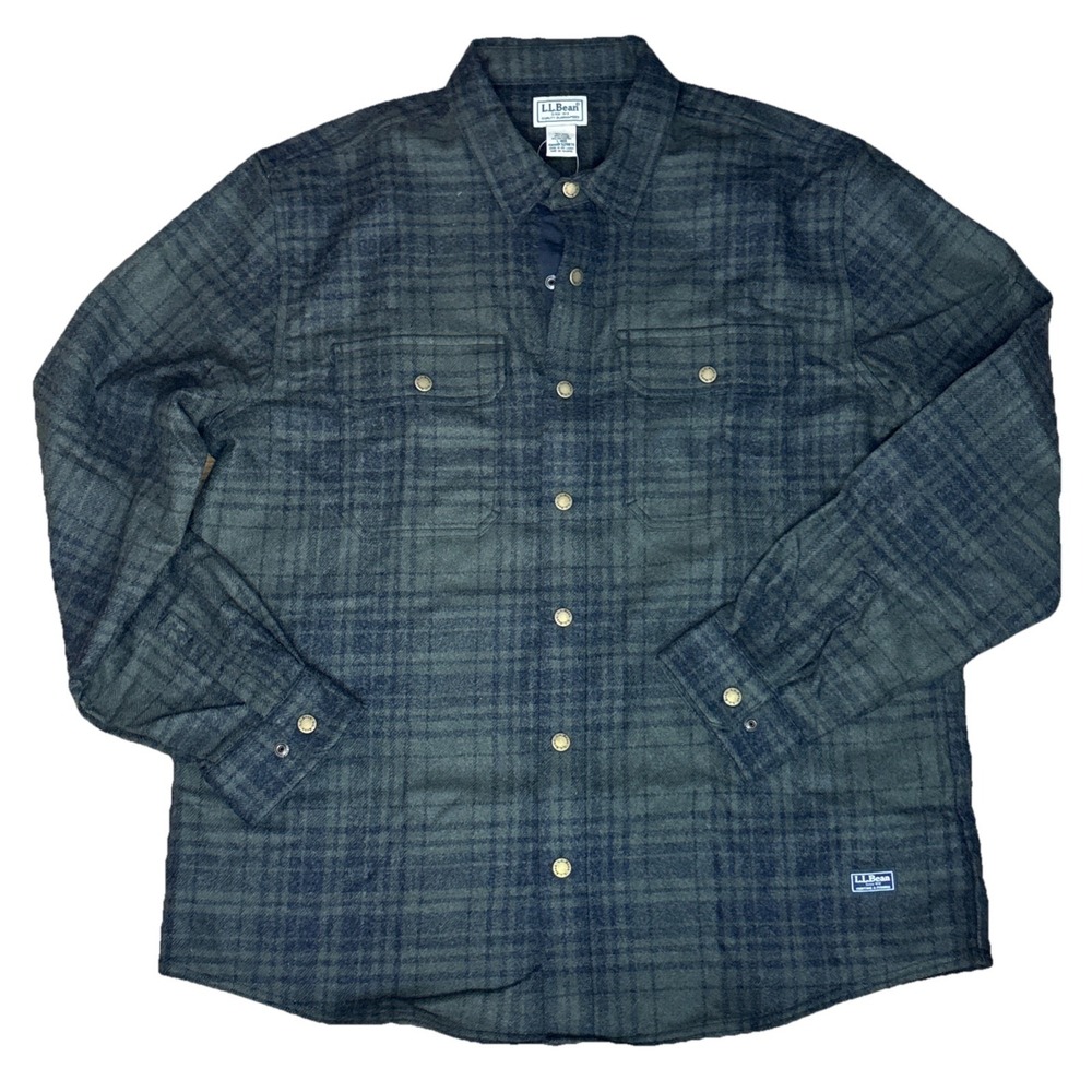 LL Bean Mens Maine Guide Lightweight Wool Field Shirt Plaid Snaps Large
